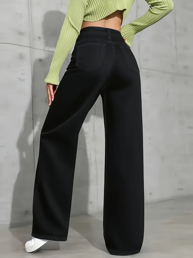 Ladies' Black Wide-leg Pants, Elastic Belt and Slanted Pockets - Mid-waisted High-waisted Stretch Long Pants, Straight Ankle Length to Ground, Suitable for Casual and Formal Use All Year... - Image 3