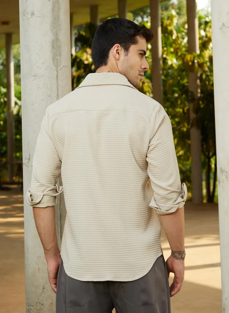 Campus Sutra Men's Cloud Grey Grid-Textured Shirt
