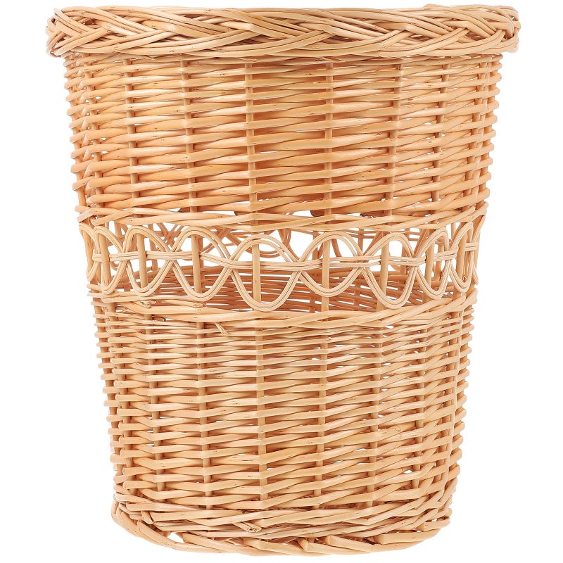 Natural Rattan Wastebasket Hand Woven Wood Color Trash Can for Home Office Bedroom Bathroom Storage - Image 2