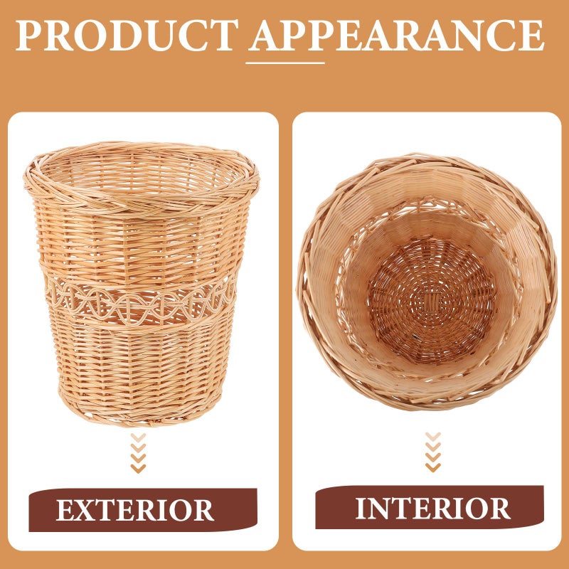 Natural Rattan Wastebasket Hand Woven Wood Color Trash Can for Home Office Bedroom Bathroom Storage - Image 4