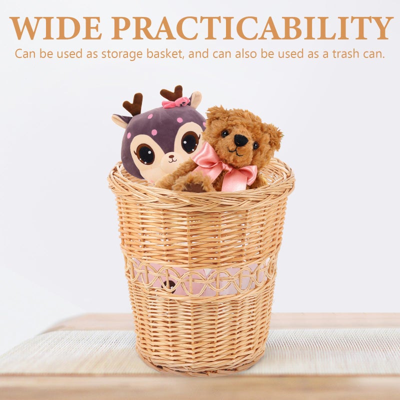 Natural Rattan Wastebasket Hand Woven Wood Color Trash Can for Home Office Bedroom Bathroom Storage - Image 5
