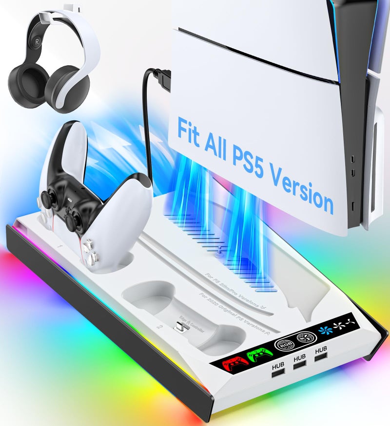 Rysker PS-5/Slim/Pro Stand for Disc & Digital Version, PS-5 Cooling Station with RGB Ambient Lighting, Controller Charger Built-in 3 Level Fan, PS-5 Cooling Stand with 3 USB Ports - Image 1