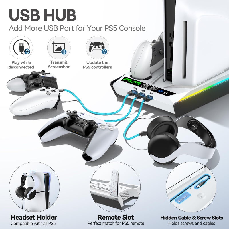 Rysker PS-5/Slim/Pro Stand for Disc & Digital Version, PS-5 Cooling Station with RGB Ambient Lighting, Controller Charger Built-in 3 Level Fan, PS-5 Cooling Stand with 3 USB Ports - Image 5