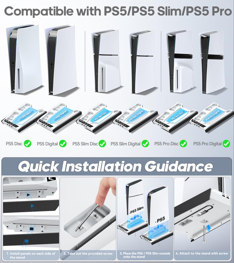 Rysker PS-5/Slim/Pro Stand for Disc & Digital Version, PS-5 Cooling Station with RGB Ambient Lighting, Controller Charger Built-in 3 Level Fan, PS-5 Cooling Stand with 3 USB Ports - Image 2