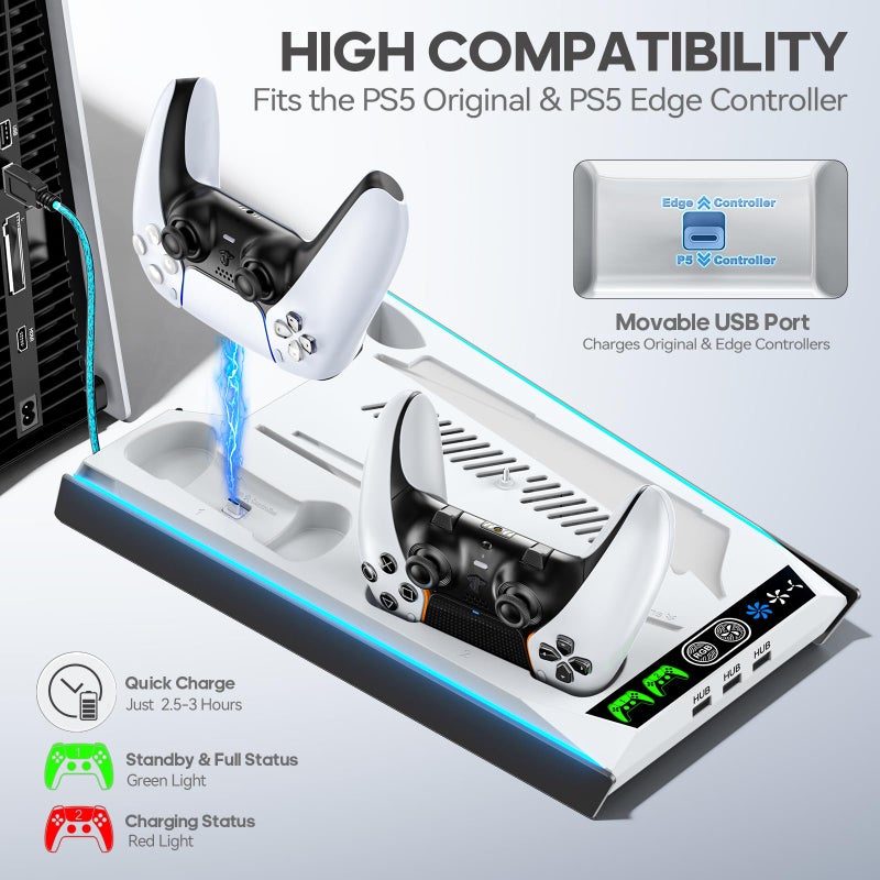 Rysker PS-5/Slim/Pro Stand for Disc & Digital Version, PS-5 Cooling Station with RGB Ambient Lighting, Controller Charger Built-in 3 Level Fan, PS-5 Cooling Stand with 3 USB Ports - Image 3