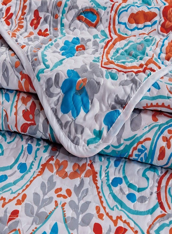 Masterplay 3-Piece Fine Printed (90" X 90") Quilt Set, Lightweight Bedspread Coverlet Queen Size Bed Cover (Turquoise Blue, Orange, White, Floral) - Image 4
