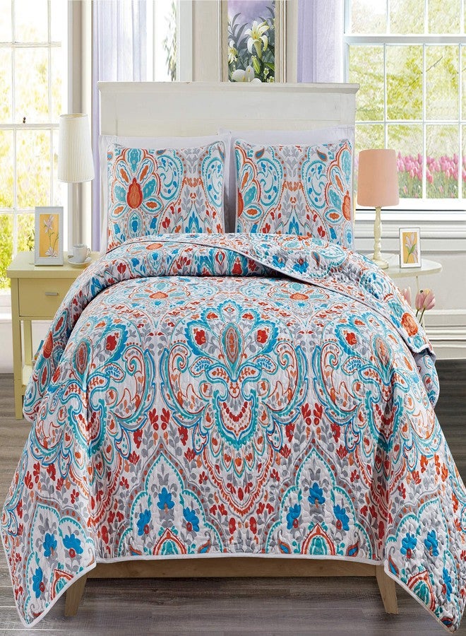 Masterplay 3-Piece Fine Printed (90" X 90") Quilt Set, Lightweight Bedspread Coverlet Queen Size Bed Cover (Turquoise Blue, Orange, White, Floral) - Image 3