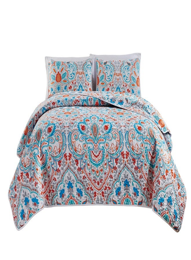 Masterplay 3-Piece Fine Printed (90" X 90") Quilt Set, Lightweight Bedspread Coverlet Queen Size Bed Cover (Turquoise Blue, Orange, White, Floral) - Image 1