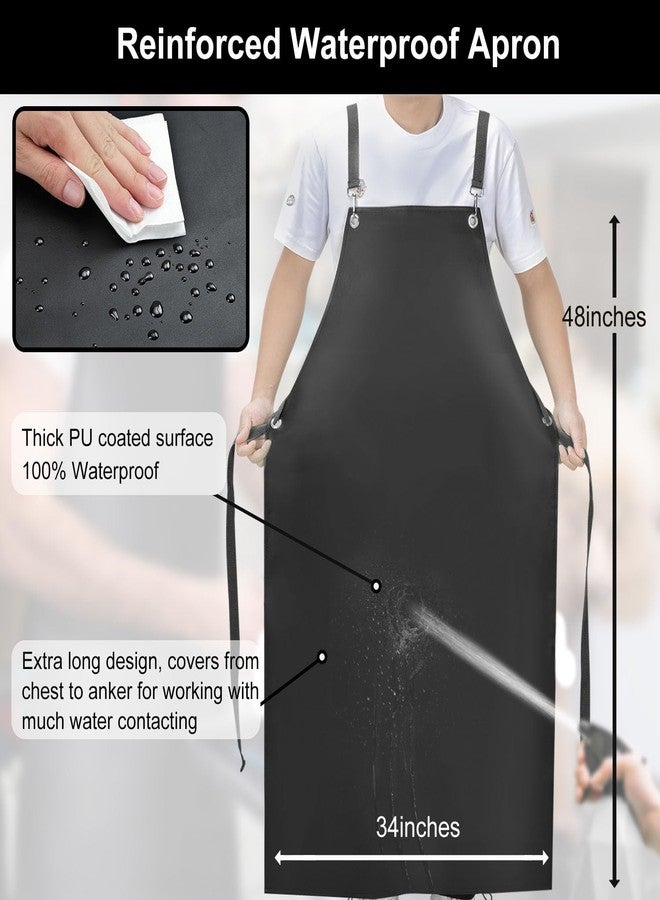 SHEOMERN Waterproof Rubber Apron, 48" XL Anti-Tear Heavy Duty Vinyl Adjustable Thicker Cross Back for Restaurant Dishwashing, Butcher, Lab Work, Dog Grooming - Black - Image 2