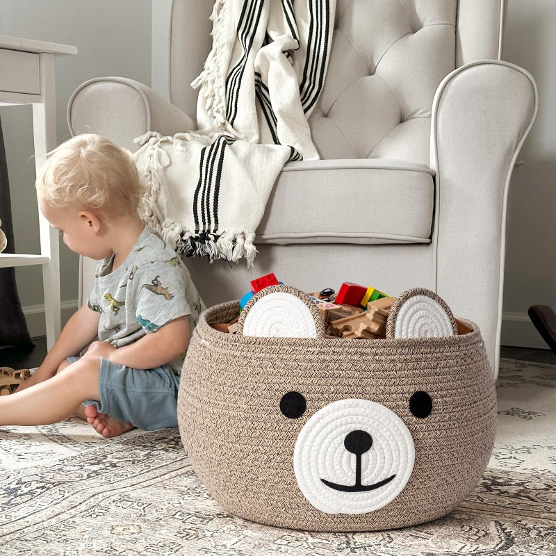 CherryNow Baby Basket for Nursery, Bear Gift Baskets for Kids, Baby Shower Basket with Handles, Small Cute Animal Baskets, Light Brown, 15.7" D x 10.5" H - Image 3