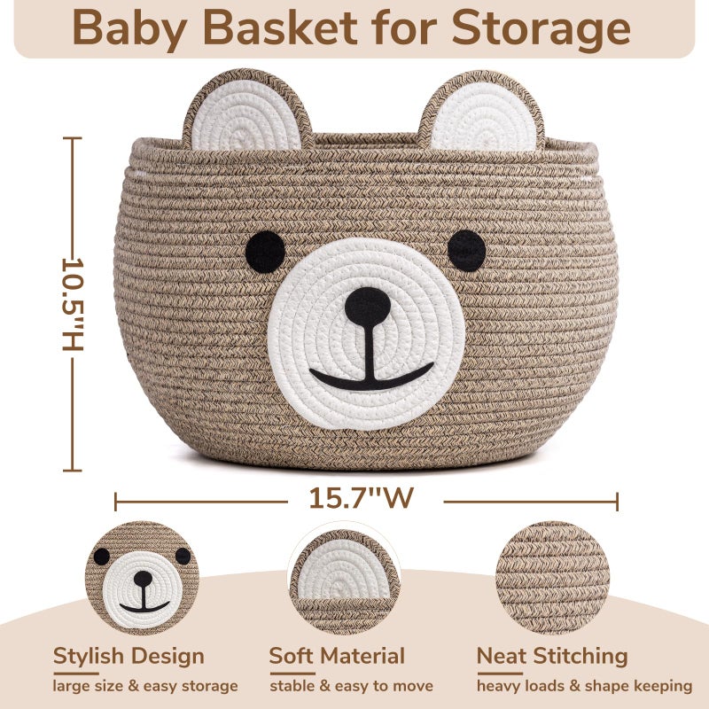 CherryNow Baby Basket for Nursery, Bear Gift Baskets for Kids, Baby Shower Basket with Handles, Small Cute Animal Baskets, Light Brown, 15.7" D x 10.5" H - Image 4