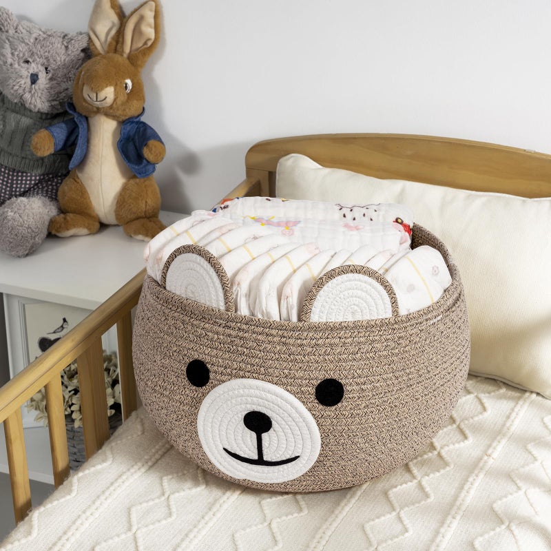 CherryNow Baby Basket for Nursery, Bear Gift Baskets for Kids, Baby Shower Basket with Handles, Small Cute Animal Baskets, Light Brown, 15.7" D x 10.5" H - Image 5