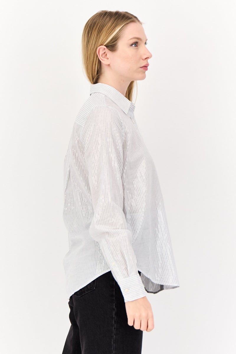 GAP قميص نسائي بأكمام طويلة وبياقة منتشرة، مخطط، متعدد الألوان - Image 2