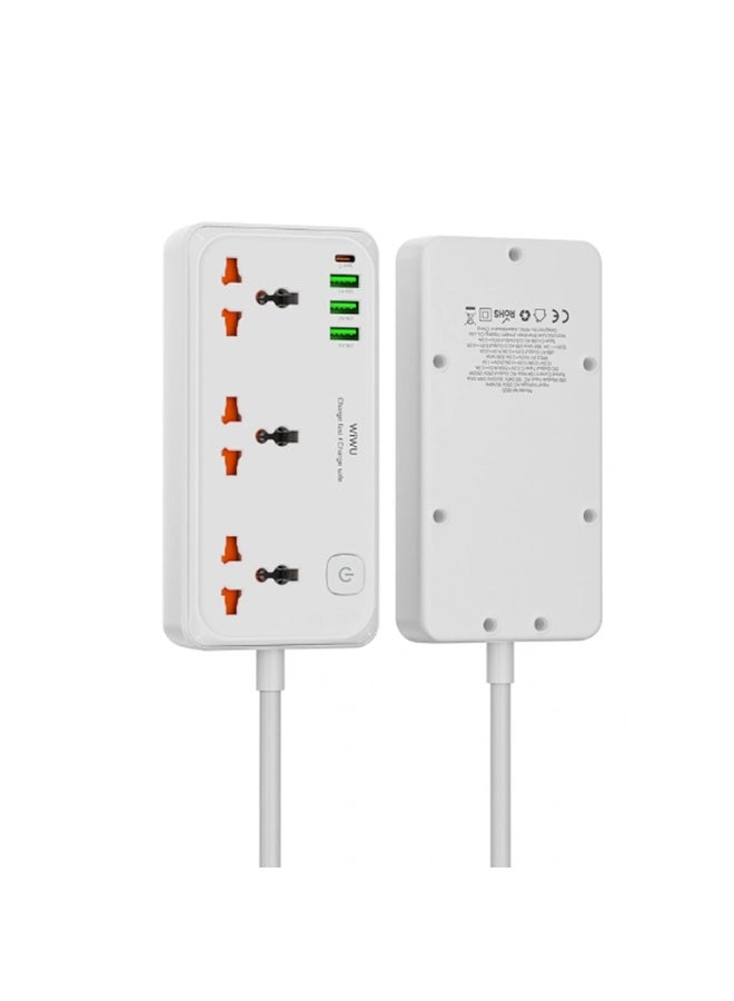 دبليو اي دبليو يو مشترك كهرباء WiWU Wi-S007 متعدد 8 في 1 بمقبس بريطاني UK لون أبيض مع 4 منافذ AC و2 USB-A و2 USB-C - Image 5