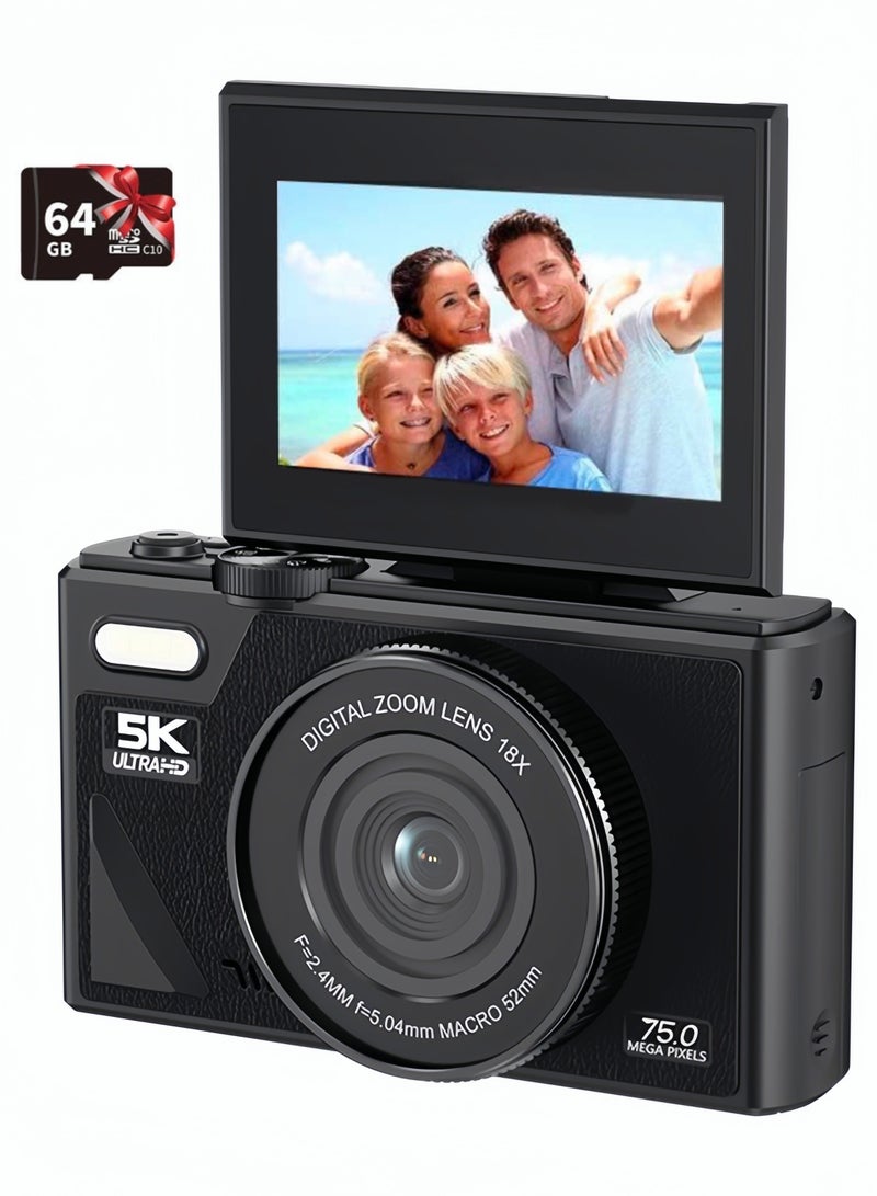 Milatech Digital Camera, 5K Vlogging Camera, Kids Camera 75MP Point and Shoot Digital Cameras with 64GB TF Card, 18X Zoom, For Kids Boys Girls (Black) - Image 1