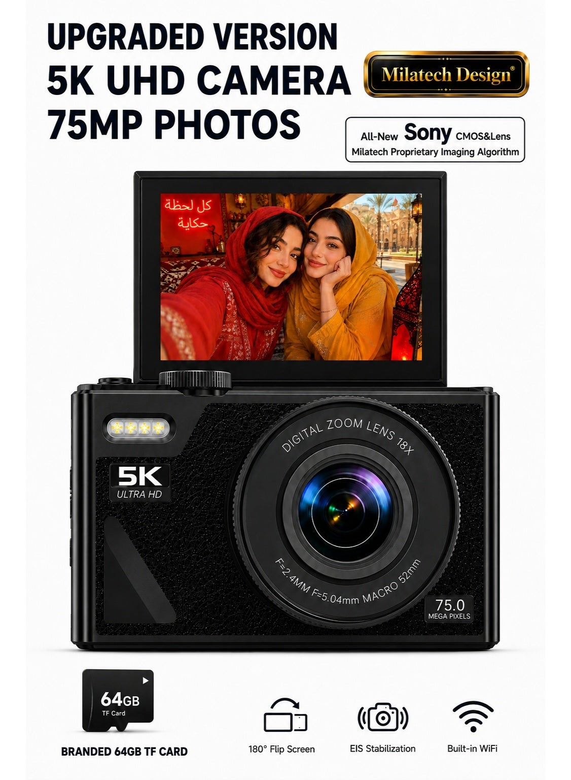 Digital Camera, 5K Vlogging Camera, Kids Camera 75MP Point and Shoot Digital Cameras with 64GB TF Card, 18X Zoom, For Kids Boys Girls (Black)