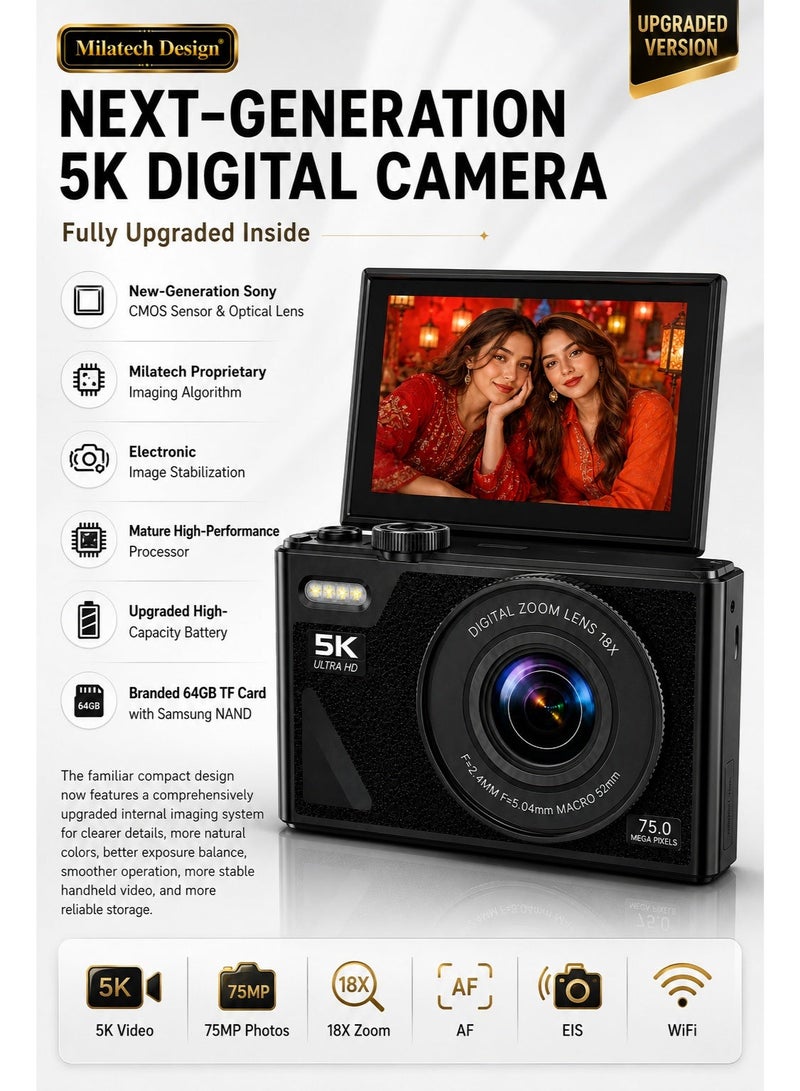 ميلاتيك كاميرا Milatech رقمية من الجيل الجديد بدقة 5K و75 ميجابكسل، مستشعر Sony CMOS وعدسة Sony، تثبيت إلكتروني للصورة وWiFi، شاشة قابلة للقلب 180° بحجم 3 بوصات، تركيز تلقائي، تقريب رقمي 18X وبطاقة TF سعة 64GB – أسود - Image 3