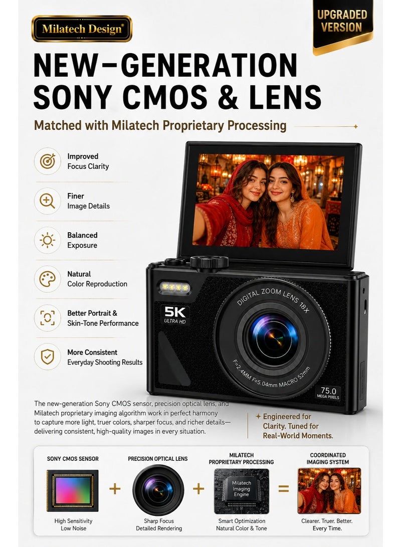 ميلاتيك كاميرا Milatech رقمية من الجيل الجديد بدقة 5K و75 ميجابكسل، مستشعر Sony CMOS وعدسة Sony، تثبيت إلكتروني للصورة وWiFi، شاشة قابلة للقلب 180° بحجم 3 بوصات، تركيز تلقائي، تقريب رقمي 18X وبطاقة TF سعة 64GB – أسود - Image 5