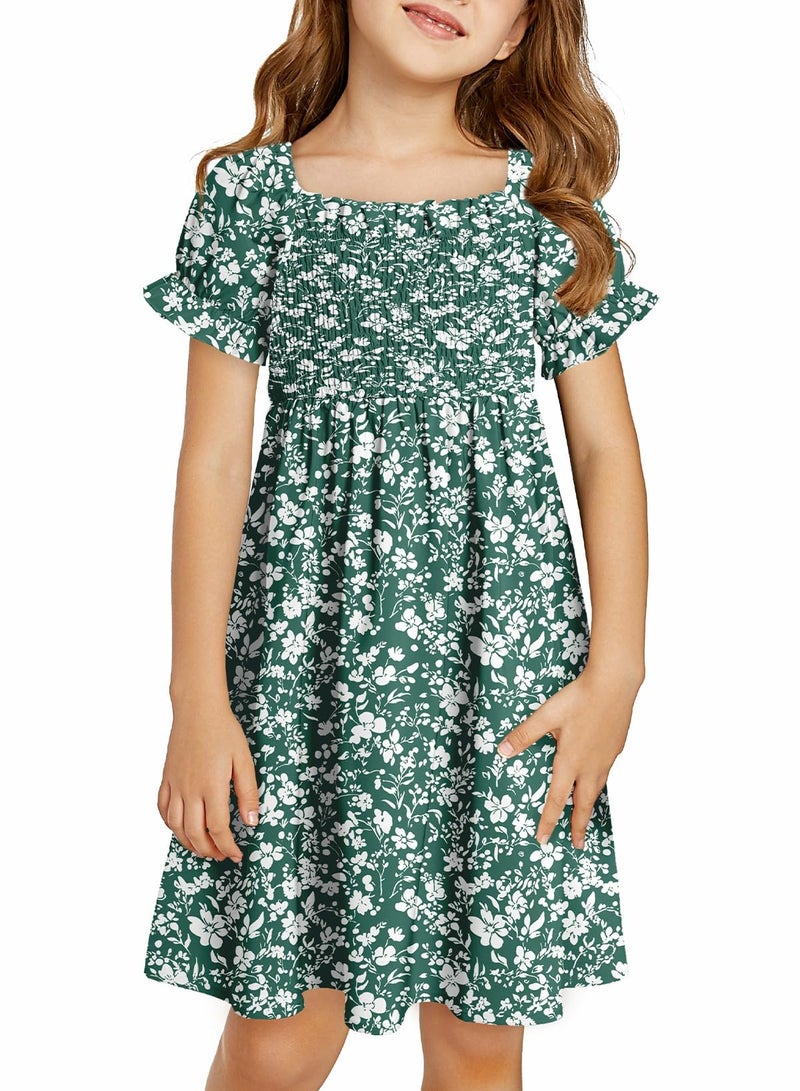 blibean Tween Girls Summer Dresses Big Kids Boho Clothes Floral Dress Toddler Outfits Short Sleeve Ruffled Clothing Vestidos NiÃ±as Size 6-7 Years Medium Green Flower - Image 1