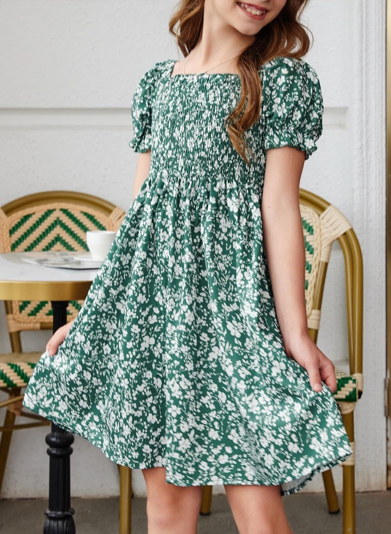 blibean Tween Girls Summer Dresses Big Kids Boho Clothes Floral Dress Toddler Outfits Short Sleeve Ruffled Clothing Vestidos NiÃ±as Size 6-7 Years Medium Green Flower - Image 4
