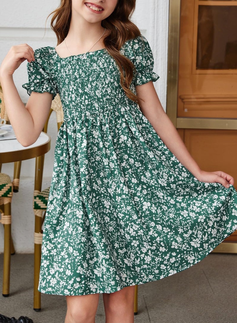 blibean Tween Girls Summer Dresses Big Kids Boho Clothes Floral Dress Toddler Outfits Short Sleeve Ruffled Clothing Vestidos NiÃ±as Size 6-7 Years Medium Green Flower - Image 2