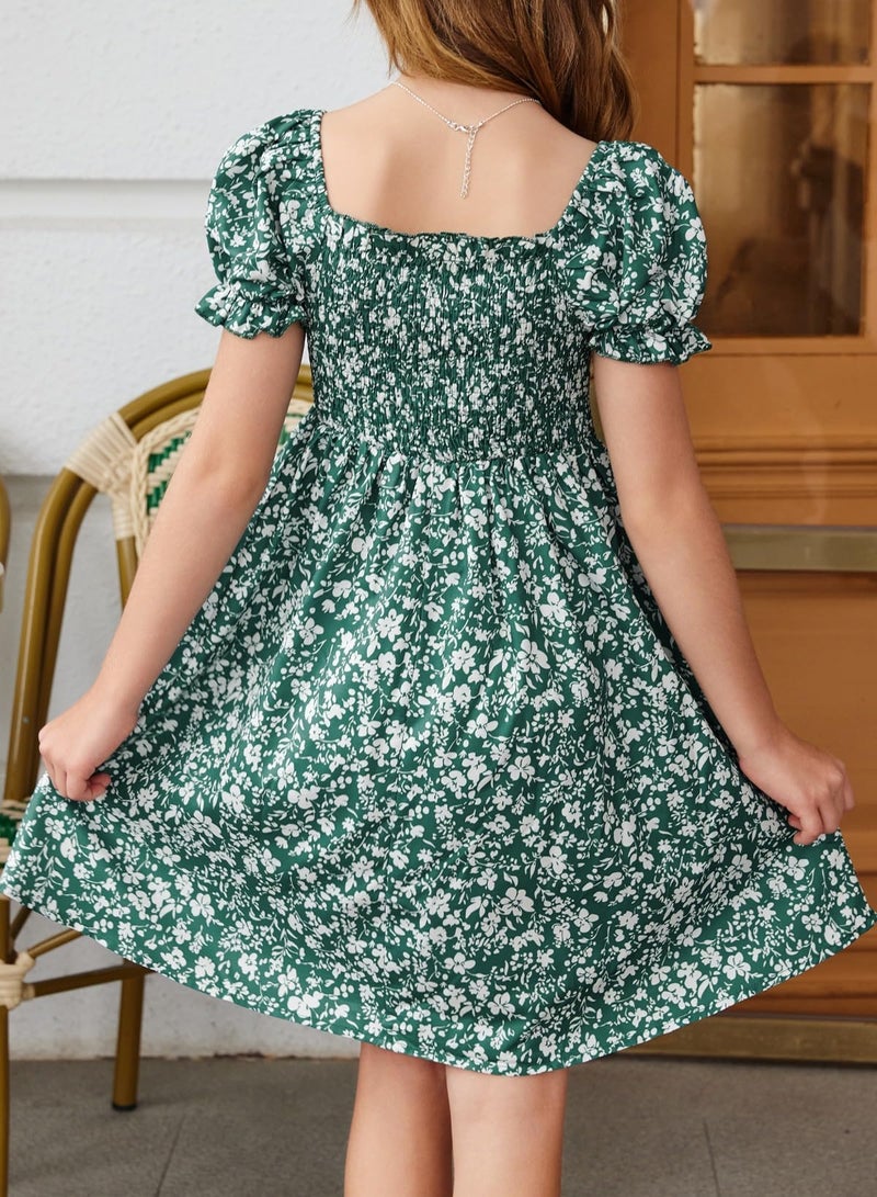 blibean Tween Girls Summer Dresses Big Kids Boho Clothes Floral Dress Toddler Outfits Short Sleeve Ruffled Clothing Vestidos NiÃ±as Size 6-7 Years Medium Green Flower - Image 3