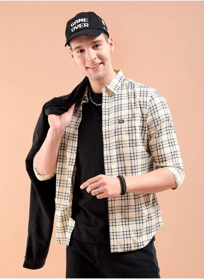 شركة المرآب الهندية Men Slim Fit Checkered Full Sleeves Spread Collar Casual Shirt
