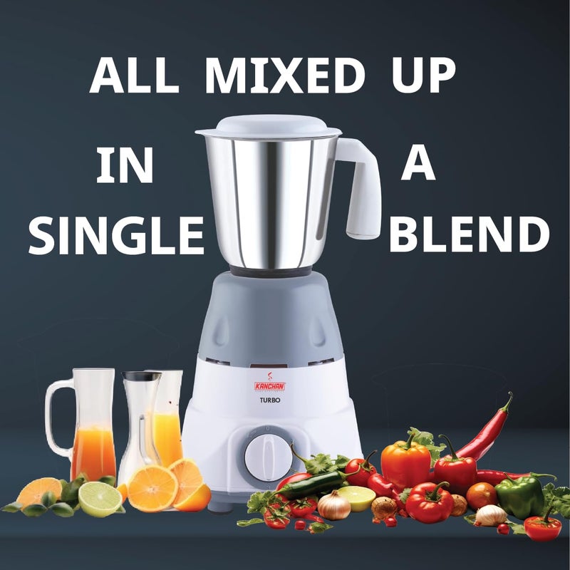 Kanchan Turbo Mixer Grinder 650 Watts With 3 Multipurpose Stainless Steel Jars For Heavy Duty Grinding 3 Speed Control With 5 Years Warranty On Motor White - Image 4