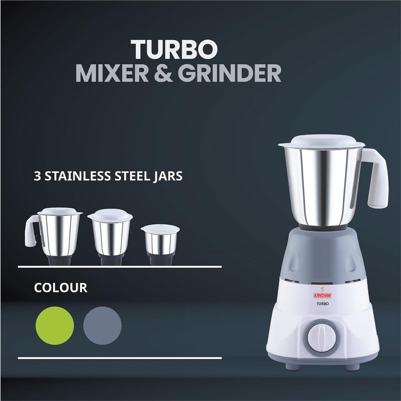 Kanchan Turbo Mixer Grinder 650 Watts With 3 Multipurpose Stainless Steel Jars For Heavy Duty Grinding 3 Speed Control With 5 Years Warranty On Motor White - Image 2