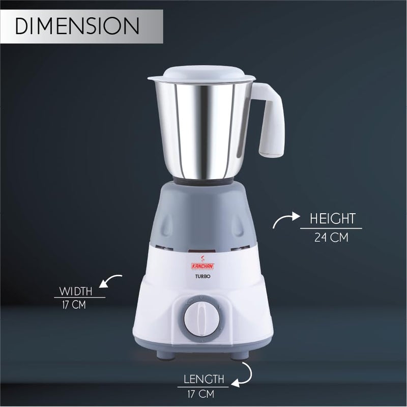 Kanchan Turbo Mixer Grinder 650 Watts With 3 Multipurpose Stainless Steel Jars For Heavy Duty Grinding 3 Speed Control With 5 Years Warranty On Motor White - Image 3
