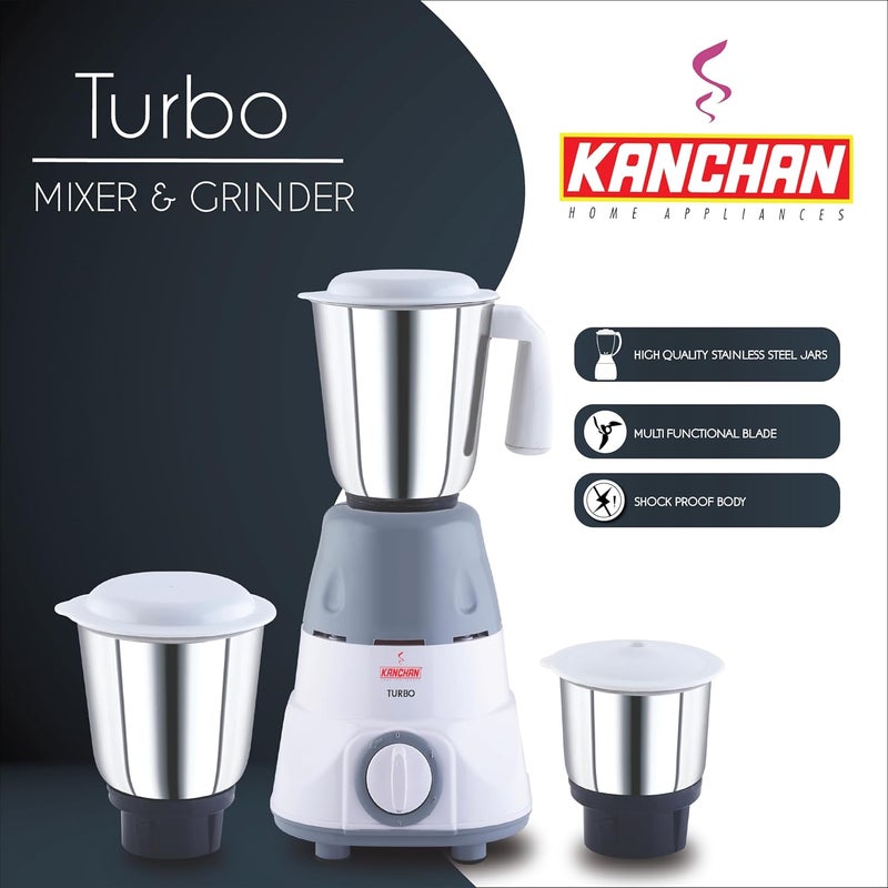 Kanchan Turbo Mixer Grinder 650 Watts With 3 Multipurpose Stainless Steel Jars For Heavy Duty Grinding 3 Speed Control With 5 Years Warranty On Motor White - Image 5