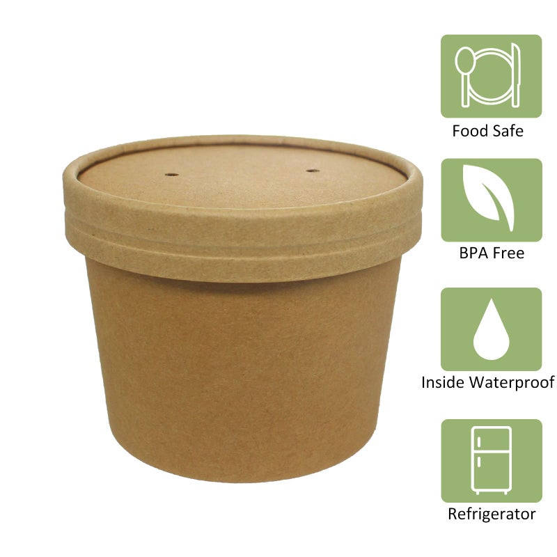 Belinlen Paper Ice Cream Cups with Paper Lids  Paper Hot/Cold Soup Cups with Lids (Kraft) (50  12 oz) - Image 4
