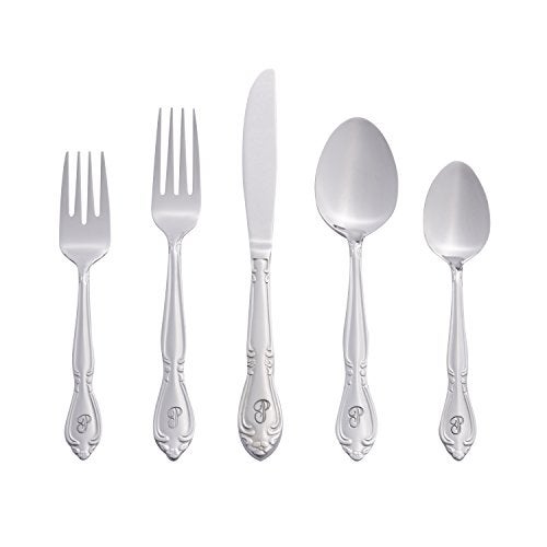 RiverRidge Rose Monogrammed Flatware Set 46 Piece Silverware - P - Utensils Set with Serving Pieces, Heavy Gauge Stainless Steel, Mirror Finish, Dishwasher Safe Cutlery for Daily Use - Image 1