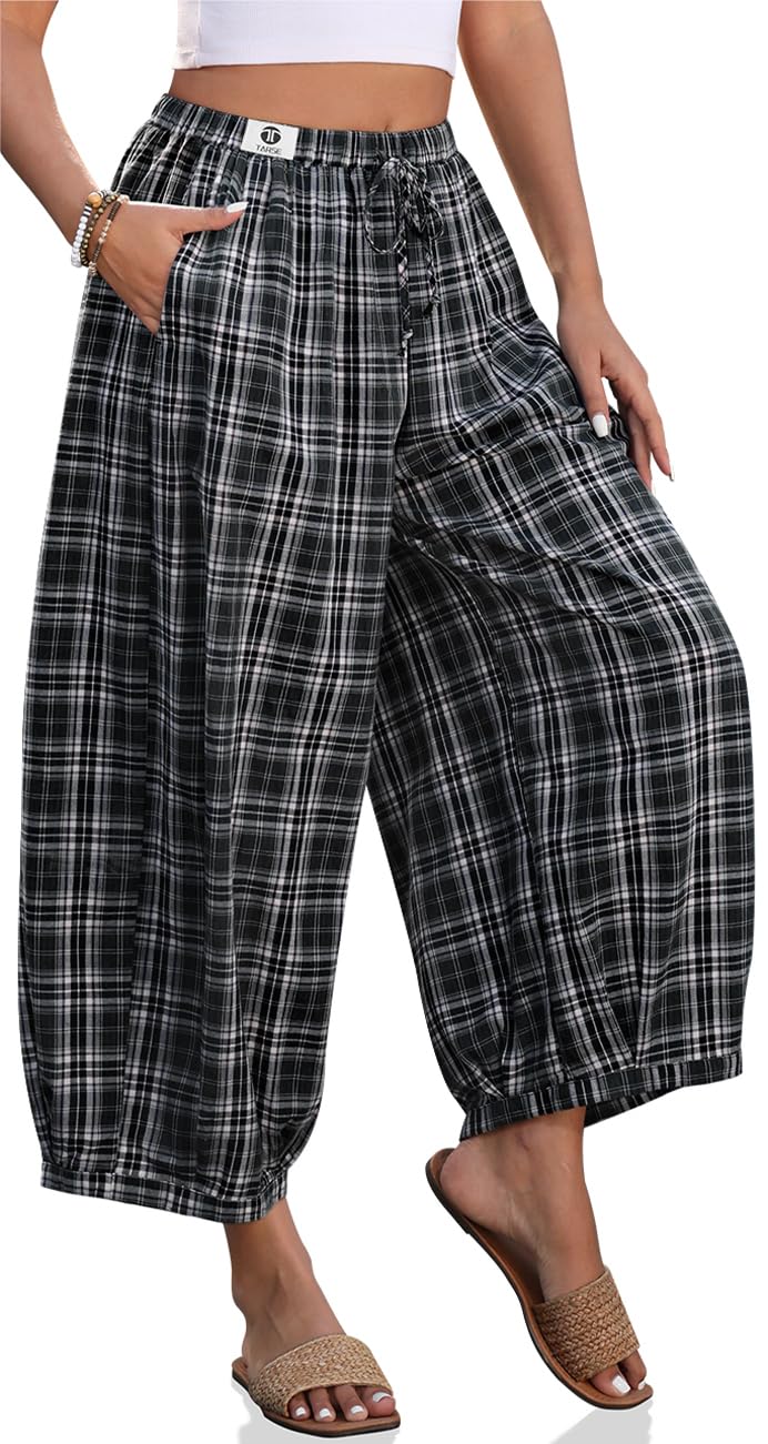 TARSE Women Cotton Linen Wide Leg Pants Plaid Loose Harem Pants Palazzo Casual Boho Summer Capri with Pockets(BlackPlaid,L) - Image 1