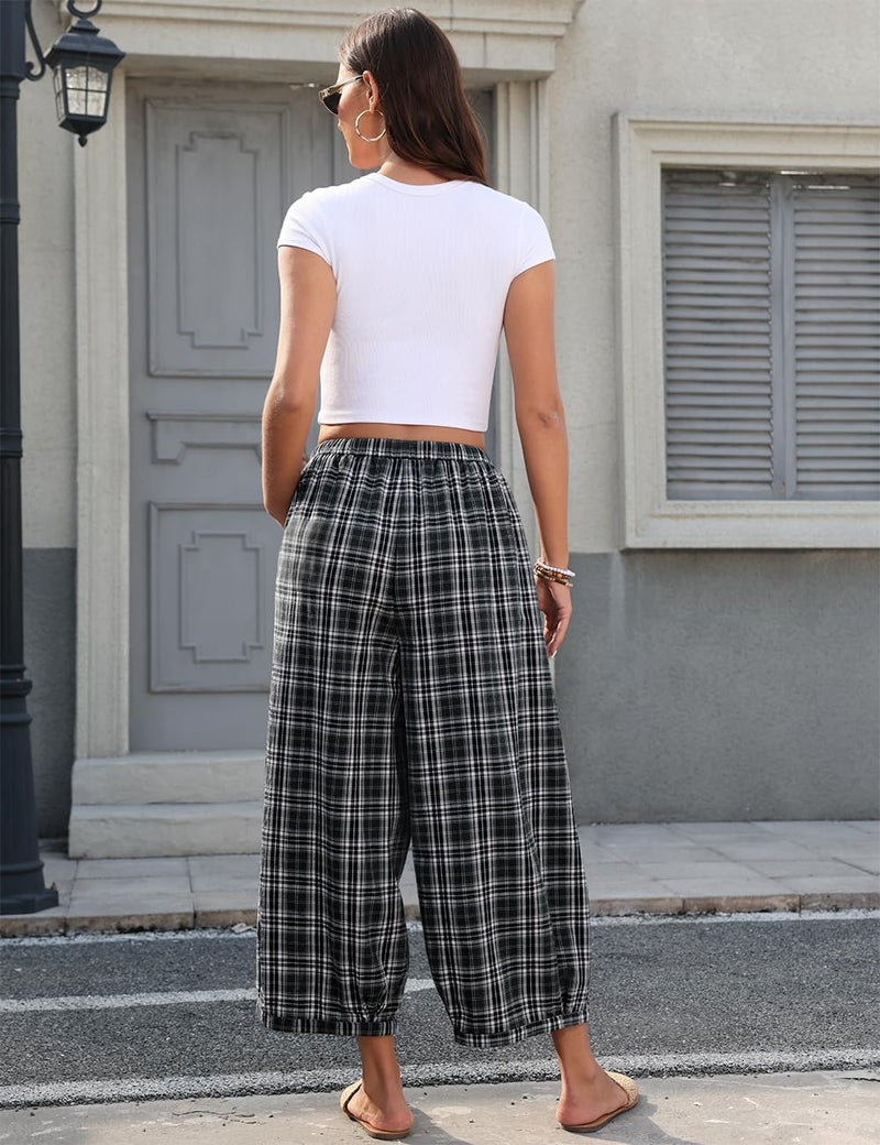 TARSE Women Cotton Linen Wide Leg Pants Plaid Loose Harem Pants Palazzo Casual Boho Summer Capri with Pockets(BlackPlaid,L) - Image 5