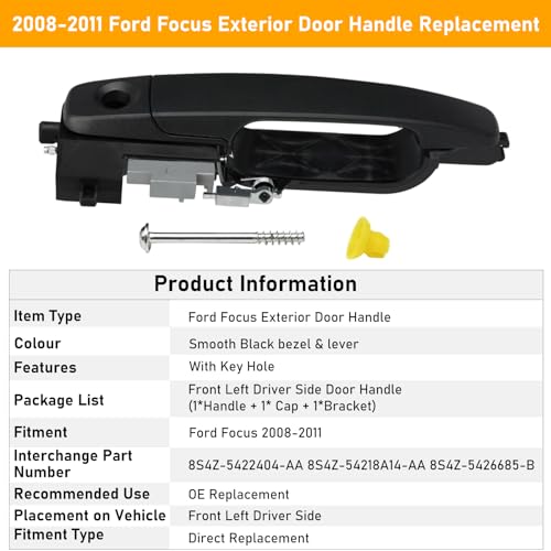 Moonlinks Compatible with Ford Focus 2008 2009 2010 2011 Exterior Door Handle Front Left Driver Side Replaces OE 8S4Z5422404AA Cap wKeyhole 8S4Z54218A14AA Bracket 8S4Z5426685B Matte Black - Image 3