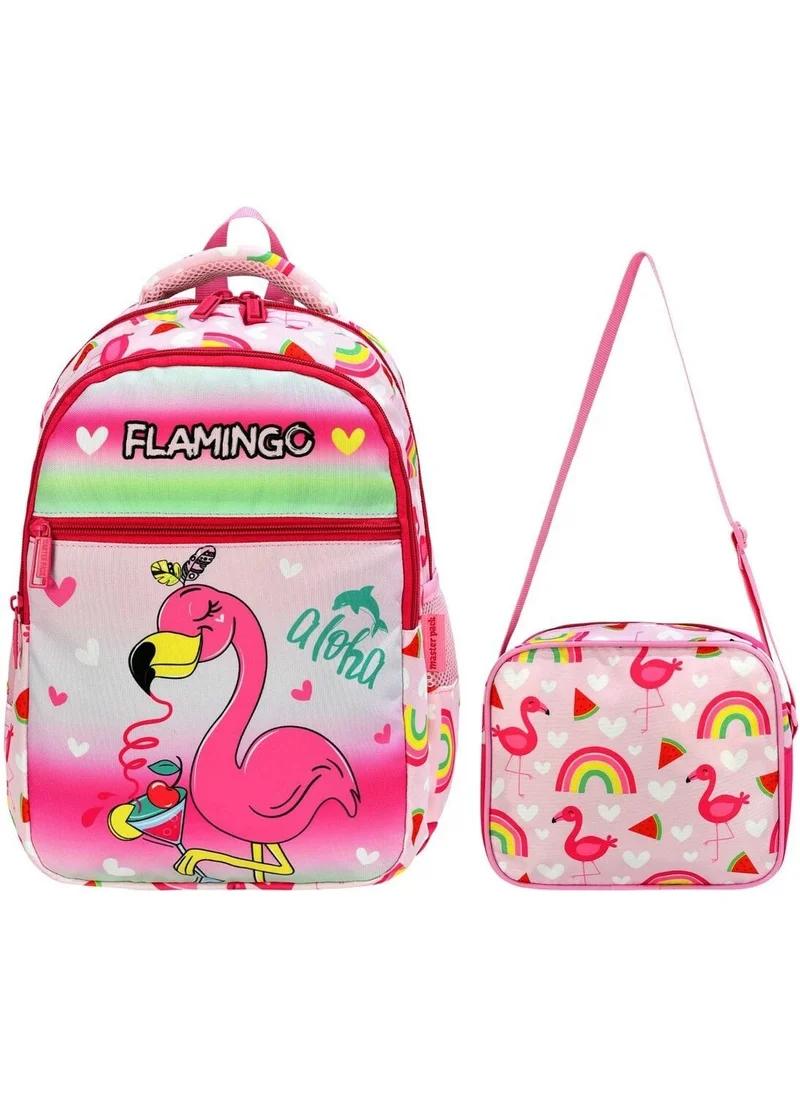 Tezzgelsin Girls Flamingo Colorful Printed 3 Compartment and Lunch Box Primary School Backpack and School Bag