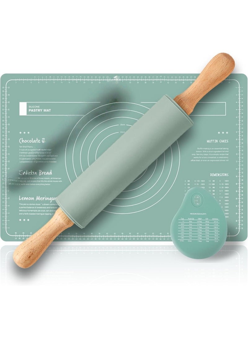 rolling pin & Silicone baking mats Set,Pastry Brushes and Dough Scraper, 14.96in(38cm) dough roller,23.62x15.75in(60x40cm) silicone pastry mat,baking set of 3 (Green) - Image 5