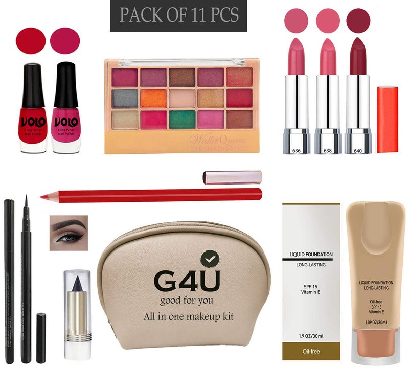 G4U G4U All In One Makeup kit for women 2 Nail Polishs3 LipsticksEyeshadowPenlinerKajal LiplinerFoundationPouch Pack of 11 NE08012021B31 - Image 1