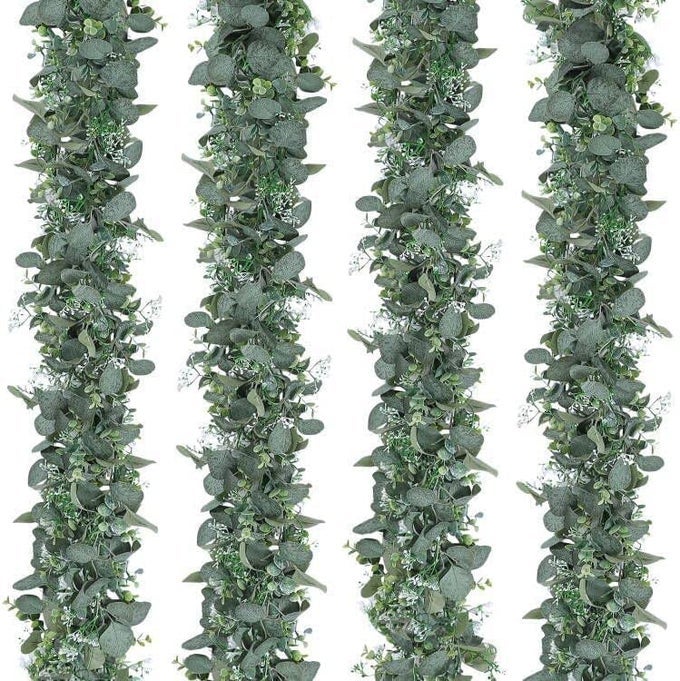 ARTIFICIAL EUCALYPTUS GARLAND 4PACK FAUX EUCALYPTUS LEAVES VINES WITH WHITE SEEDS GREENERY GARLAND FOR ROOM DECORARTIFICIAL VINES FOR BEDROOM WEDDING PARTY GARDEN WALL CHRISTMAS DECOR