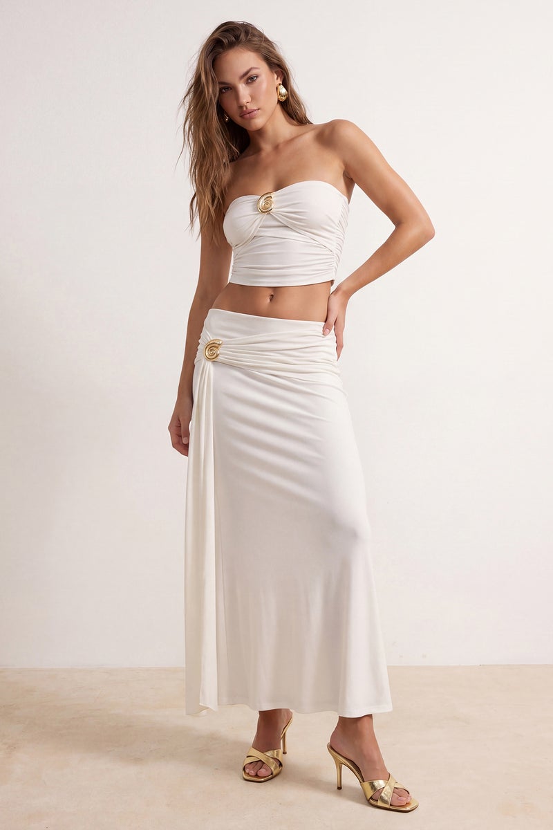 trendyol Limited Edition White Body Fitted Knitted Long Skirt with Accessory Detail - Image 1