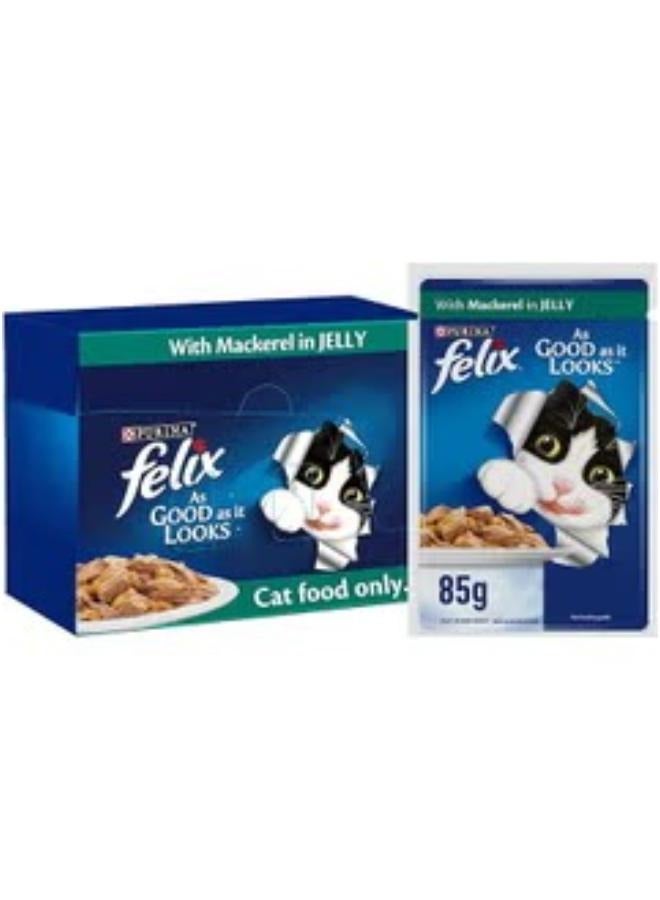 فيلكس طعام القطط البالغة  مع سمك الماكريل في الجيلي 85 جرامًا عبوة من 12 قطعة - Image 1