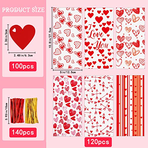 YUJUN 120 PCS Valentines Cellophane Treat Bags,Valentines Present Goodie Candy Red Heart Clear Cello Bags with 100 Pieces Heart Tags for Valentine's Day Weeding Party Favor Supplies(6 Styles) - Image 2