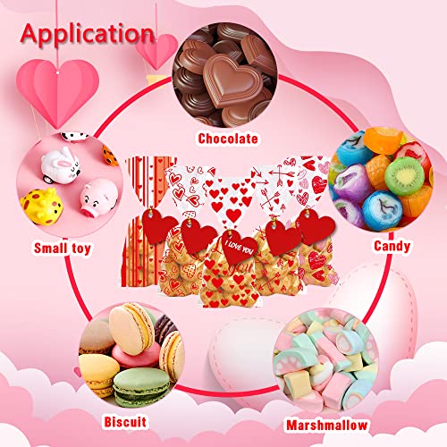 YUJUN 120 PCS Valentines Cellophane Treat Bags,Valentines Present Goodie Candy Red Heart Clear Cello Bags with 100 Pieces Heart Tags for Valentine's Day Weeding Party Favor Supplies(6 Styles) - Image 4