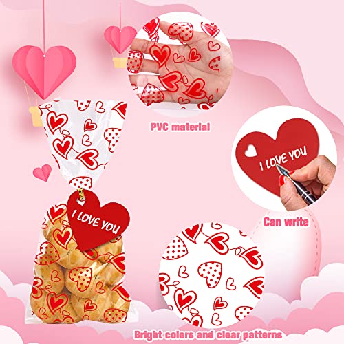 YUJUN 120 PCS Valentines Cellophane Treat Bags,Valentines Present Goodie Candy Red Heart Clear Cello Bags with 100 Pieces Heart Tags for Valentine's Day Weeding Party Favor Supplies(6 Styles) - Image 3