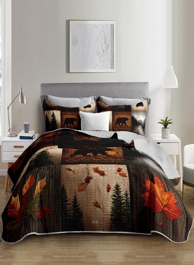 UEVBF Hunting Themed Quilt King Size,Lightweight Cabin Plaid Bedding Set with 2 Pillowcases,Forest Tree Brown Bear Paw Printed Bed Sets for Adults Room Decor. - Image 1