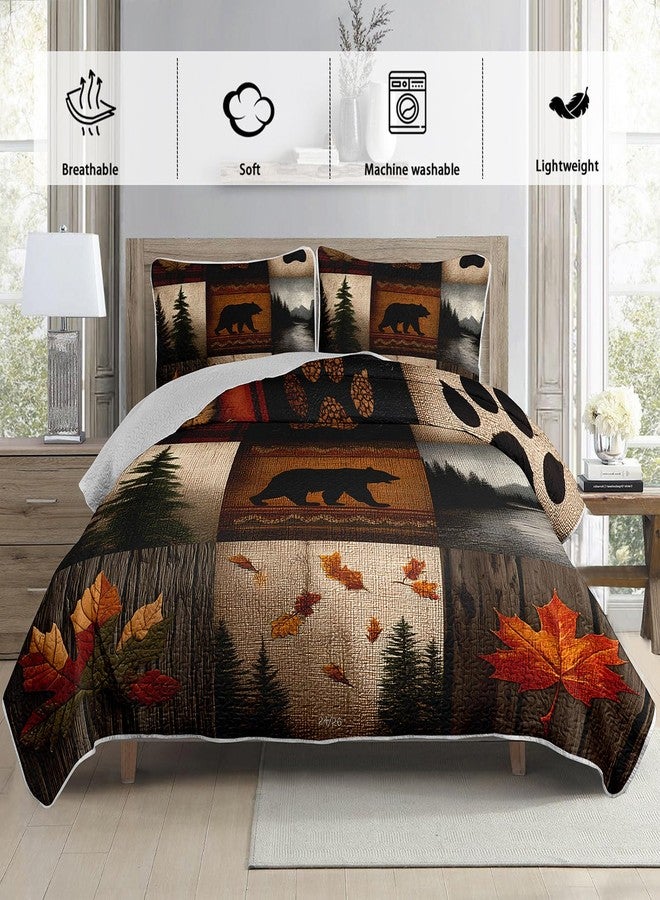 UEVBF Hunting Themed Quilt King Size,Lightweight Cabin Plaid Bedding Set with 2 Pillowcases,Forest Tree Brown Bear Paw Printed Bed Sets for Adults Room Decor. - Image 3
