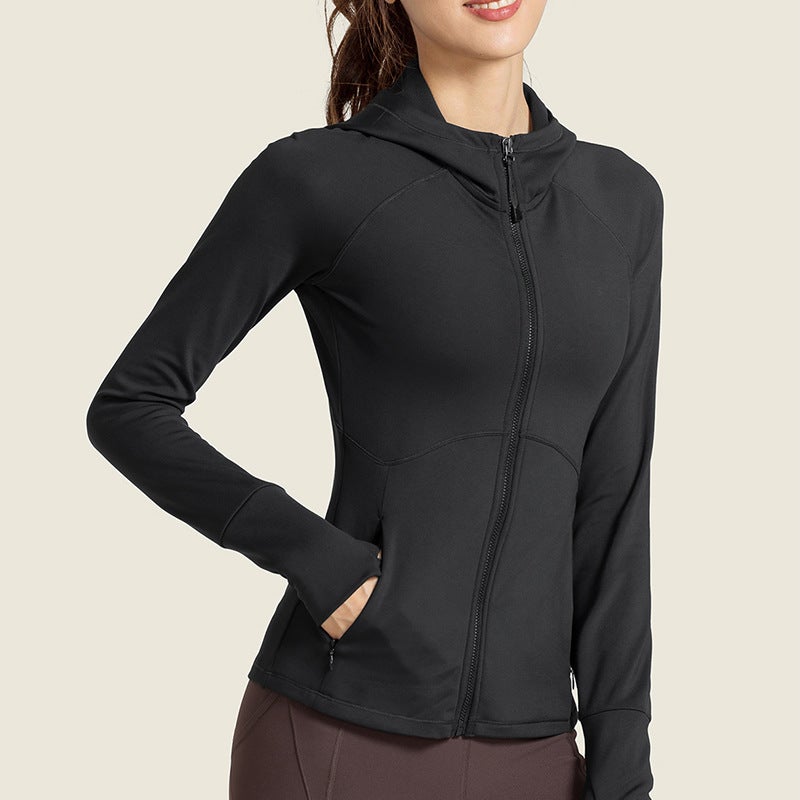 Generic Womens Fleece-Lined Yoga Jacket with Hoodie and Pockets Black (thin) 