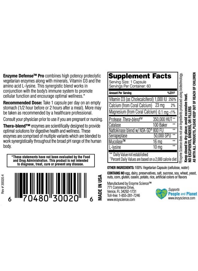 Enzyme Science Enzyme Science Enzyme Defense Pro, 60 Capsules-Immunity Support Supplement - Formulated with Vitamin D3, L-Lysine, Calcium, and Protease-Enzyme Digestion Support -Immune System  - Image 3