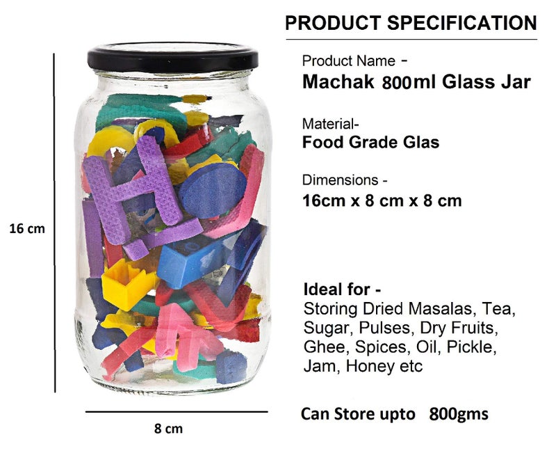 Machak Round Glass Jar Storage Container with Airtight Black Metal Cap Set of 3, 800 ml,Clear - Image 2